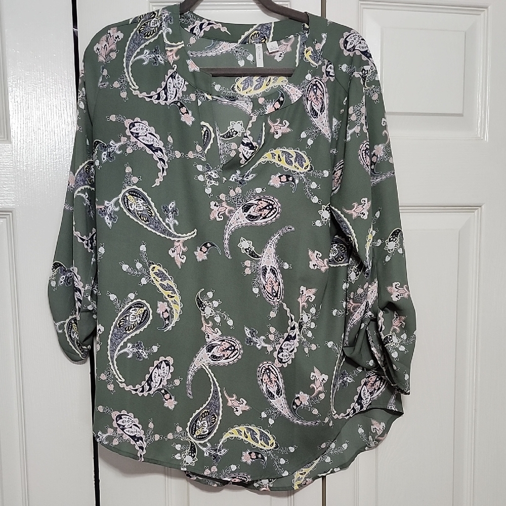 Cato Olive Green Paisley Roll-Sleeve Blouse